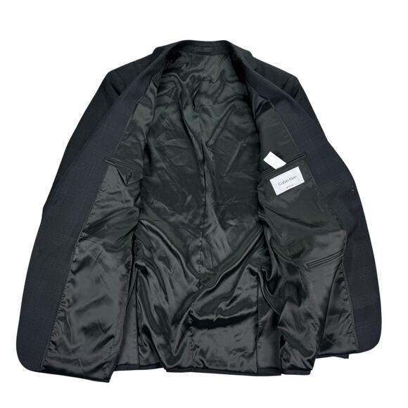 Calvin Klein Mens X Slim Fit Wool Blend Stretch Plaid Suit Jacket Black Blue 40L - Picture 2 of 5